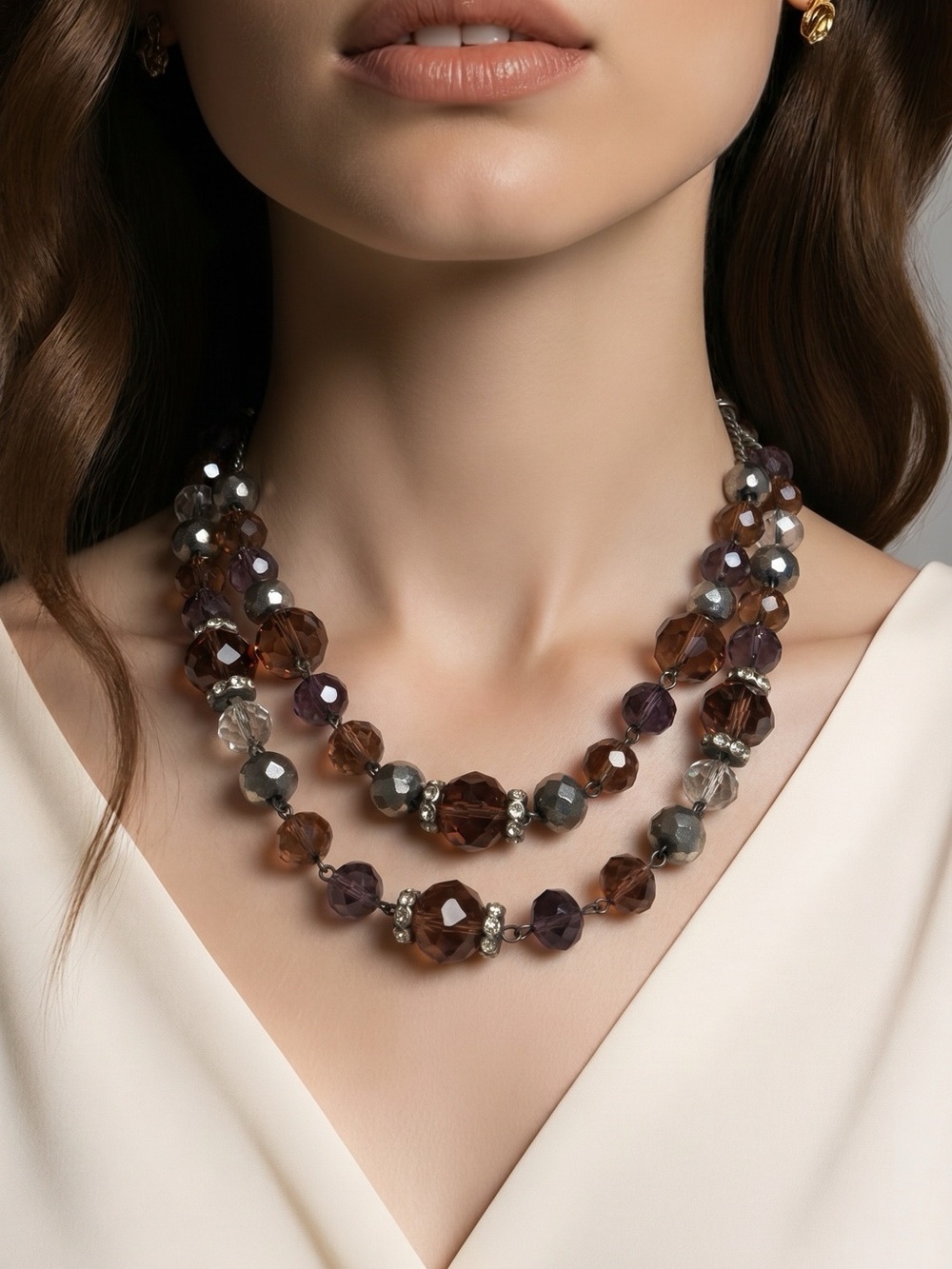 Trafari Elegant Two-Strand Faceted Bead Necklace in Purplr and Gray